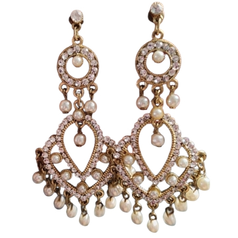 Goldtone Chandelier Earrings with Crystal and Pearl Accents
